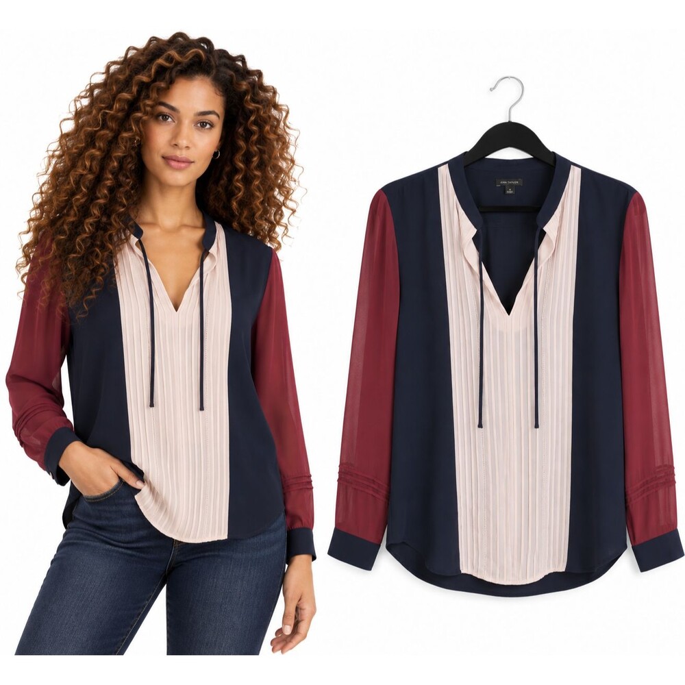 Ann Taylor Pleated Front Tie Neck Blouse Size 6 Navy Burgundy Blush Colorblock